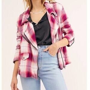 We The Free Stranger Friends Plaid Moto Jacket NWOT Pink Red S